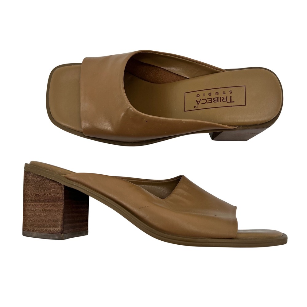 Tribeca Studio Vintage Y2K Tan Leather Square Toe Block Heel Slide Sandals 6M